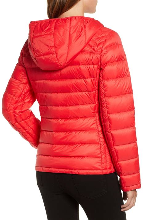 michael kors packable down fill jacket red|Michael Kors shiny puffer jacket.